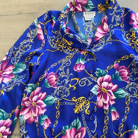 Russ Vintage 80s/90s Silky Floral Printed Long Sleeve Button Down Blouse Top - Picture 2 of 11